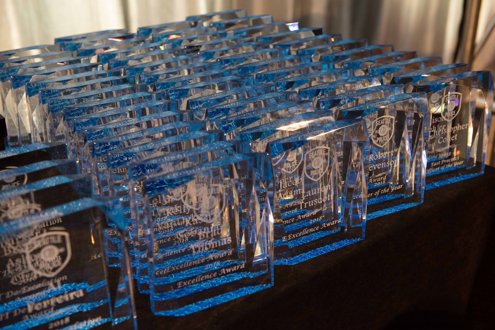 Glass awards sitting on a table